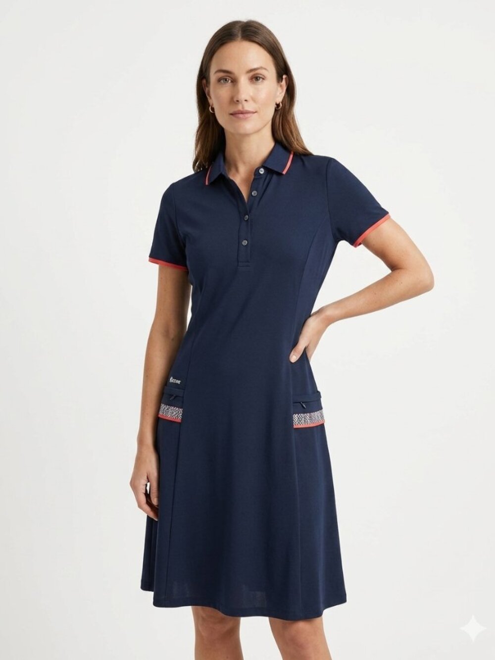 COLMAR NAVY ORANGE TRIM SHORT SLEEVE BLACK WHITE ARGYLE POCKET DETAIL DRESS - 8
